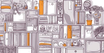 Illustration of a large wall of varied shelves filled with books, ornaments, a TV, potted plants, and scattered personal items, depicted in a stylized, monochromatic color scheme with orange accents.