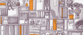 Illustration of a large bookshelf filled with books, ornaments, a sleeping cat, potted plants, framed pictures, and various knick-knacks. The color scheme is monochromatic with a focus on purple hues.