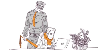 Illustration of a person in a military uniform standing over another person working on a laptop next to indoor plants, with a hand on the seated person's shoulder.