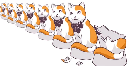 Illustration of a row of stylized cartoon cats with orange and white fur, black bow ties, sitting in a line, with one cat at the end partially disassembled.