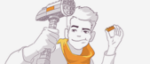 Illustration of a confident man holding a power drill over his shoulder and a hex key in his other hand, wearing a casual outfit and a scarf, with a slight smile.