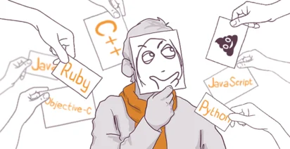 An illustration of a person contemplating multiple cards with programming language logos, such as Python and JavaScript, handed to them by various hands.