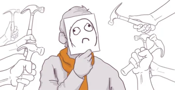 An illustration of a person holding a paper with a sad face in front of their head, surrounded by several hands holding hammers in various positions.