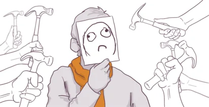 An illustration of a person holding a paper with a sad face in front of their head, surrounded by several hands holding hammers in various positions.
