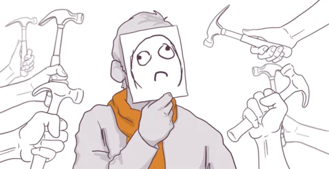 An illustration of a person holding a paper with a sad face in front of their head, surrounded by several hands holding hammers in various positions.