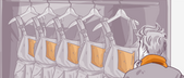 Illustration of a person with grey hair looking at a row of identical overalls hanging in a wardrobe.