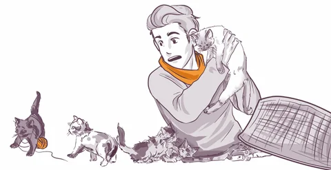 Illustration of an individual with a scarf holding a kitten with other playful kittens nearby, one with a ball of yarn, and an overturned basket on the side.