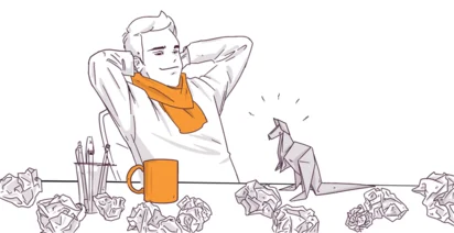 Illustration of a relaxed man with hands behind head, an orange scarf, and a mug, pens, crumpled paper, and origami on the desk, suggesting a creative or brainstorming session.