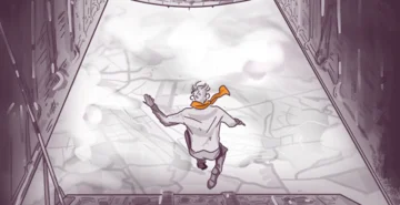 Illustration of a person with flying goggles and a scarf leaping into the air from the hatch of an aircraft, with an aerial view of clouds and land below.