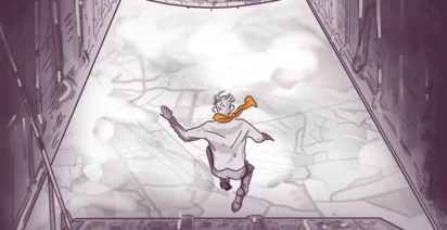 Illustration of a person with flying goggles and a scarf leaping into the air from the hatch of an aircraft, with an aerial view of clouds and land below.