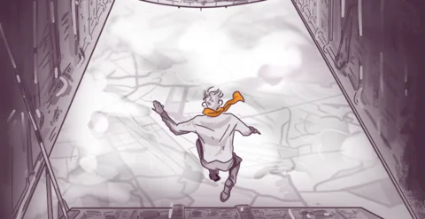 Illustration of a person with flying goggles and a scarf leaping into the air from the hatch of an aircraft, with an aerial view of clouds and land below.