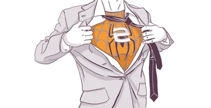 Illustration of a person in a business suit ripping open their shirt to reveal a superhero costume underneath with a stylized letter emblem on the chest.