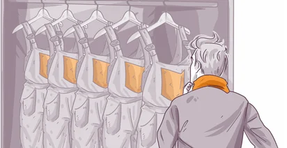 Illustration of a person from behind looking at a row of identical aprons hanging in a closet.