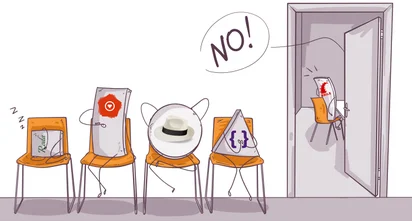 Illustration of anthropomorphized mobile apps represented by app icons with arms and legs, sitting on chairs in a waiting room, while a 'Settings' icon app rejects a 'Battery' icon app trying to enter through a door.
