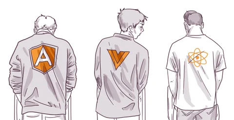 Three sketched characters standing side by side, facing away, displaying different symbols on their jackets: an orange 'A', an orange 'V', and a yellow atom symbol.