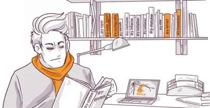 Illustration of a person reading a book at a desk with a laptop displaying a 'Rails' logo, surrounded by shelves of books and a desk lamp, in a monochrome setting with orange highlights.