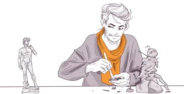 Illustration of a concentrated man sculpting a clay figure with a small statue of Michelangelo's David to his left.