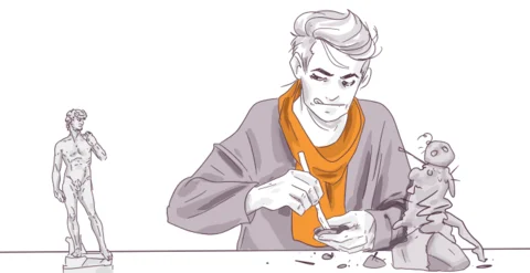 Illustration of a concentrated man sculpting a clay figure with a small statue of Michelangelo's David to his left.