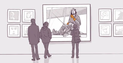 Three people viewing an oversized sketch of a bearded pilot in goggles and a scarf sitting in an open-cockpit airplane, surrounded by smaller framed sketches on a gallery wall.