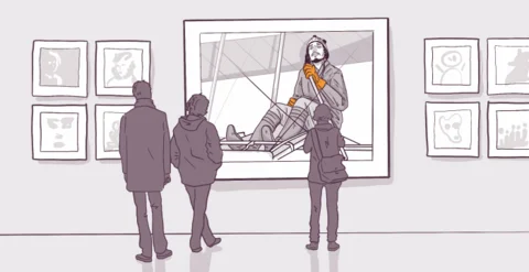 Three people viewing an oversized sketch of a bearded pilot in goggles and a scarf sitting in an open-cockpit airplane, surrounded by smaller framed sketches on a gallery wall.