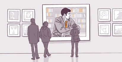Three individuals observing artwork in a gallery, with focus on a large framed illustration of a man in a window. Walls adorned with various smaller framed pictures.