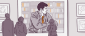 Monochrome illustration of a man seated at a desk with books, glancing sideways, with two people facing away in the foreground, suggesting a library or office setting.