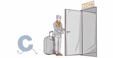 Illustration of a person with luggage standing next to an open doorway marked with the year 2018, indicating a metaphorical transition or journey.