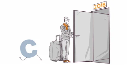 Illustration of a person with luggage standing next to an open doorway marked with the year 2018, indicating a metaphorical transition or journey.