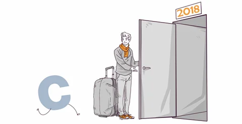 Illustration of a person with luggage standing next to an open doorway marked with the year 2018, indicating a metaphorical transition or journey.