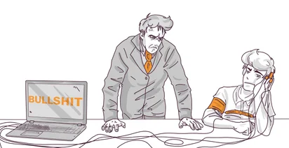Illustration of two frustrated office workers, one leaning on a desk looking at a laptop screen with the word "BULLSHIT" displayed, the other resting head on hand, looking discontent.