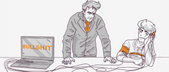 Illustration of two individuals in an office setting, one looking frustrated at a laptop screen displaying the word "BULLSHIT," while the other appears disinterested or detached.