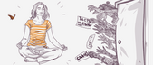 Illustration of a person meditating calmly while a chaotic scene of hands with technology devices and work-related papers emerges from an ajar door nearby. A butterfly is on the left side.
