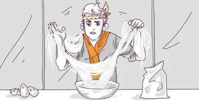 An illustration of a perplexed chef pulling at a large stretch of noodle dough with a bowl in front, a bag of flour, and garlic cloves on the counter.