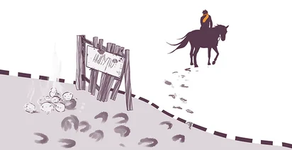 Illustration of a rider on a horse near a "Wanted" sign, with horse tracks in the snow leading up to them, and a bag of money by the sign.