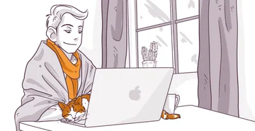 Illustration of a person working on a laptop at a desk with a cat on their lap, near a window with curtains, and a plant on the sill.