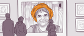 Illustration of a smiling person with short orange hair peering out of a window, with reflections of three people passing by, framed by drawings on the wall.