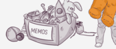 Illustration of a box labeled "MEMOS" filled with various items and a cartoon rabbit, next to a person's lower body in orange pants, with a ball and mouse on the ground.
