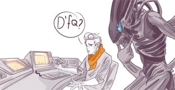 Illustration of a human character sitting at a computer desk looking frustrated with a speech bubble saying "D'f?" and an alien creature observing from behind.