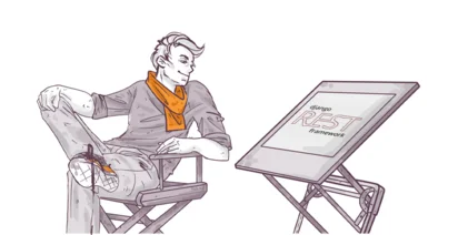 Illustration of a stylized man sitting with crossed legs on a director's chair, turning towards a signboard displaying "Django REST framework".