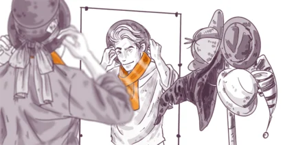 Illustration of three characters: a person in an astronaut helmet to the left, a person adjusting their glasses in the center, and a humanoid figure with butterfly wings on the right, all in monochrome tones.