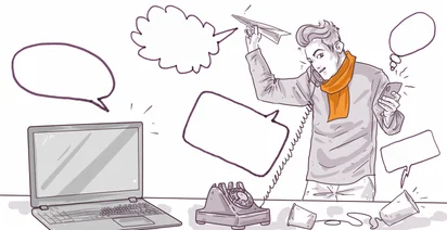 Illustration of a busy person multitasking with various communication devices and a paper airplane, surrounded by empty speech bubbles.
