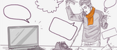 Illustration of a person multitasking with a phone and laptop amidst various communication symbols like speech bubbles and a rotary phone, conveying a busy work environment.