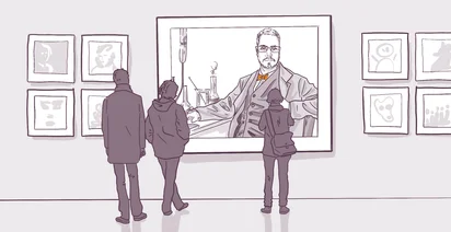 Illustration of a gallery with two visitors viewing a large portrait of a man with glasses amidst smaller framed abstract artworks.
