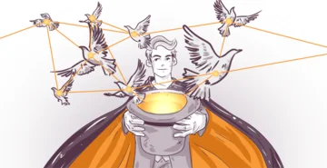 Illustration of a person with wings holding a glowing bowl, connected by lines to flying birds around them, representing a network or communication concept.