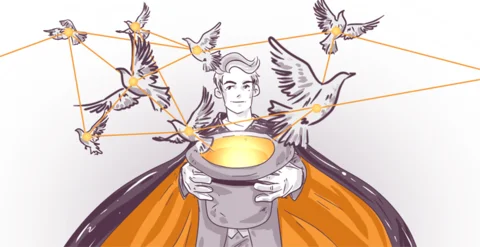 Illustration of a person with wings holding a glowing bowl, connected by lines to flying birds around them, representing a network or communication concept.