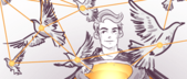 Illustration of a smiling person with birds flying around, connected by lines to a central glowing point. The style is monochromatic with accentuated lines and dynamic poses.