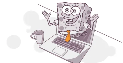 Illustration of an animated sponge character with a cheerful expression popping out of a laptop screen, wearing a tie, next to a coffee mug, suggesting a work or office setting.