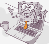 Illustration of SpongeBob SquarePants emerging from a laptop screen, wearing a tie, with his arms raised in a welcoming gesture and a mug beside the laptop.