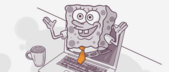 Illustration of SpongeBob SquarePants as a businessman working on a laptop, with a coffee mug beside, wearing a shirt and tie, sitting at a desk.