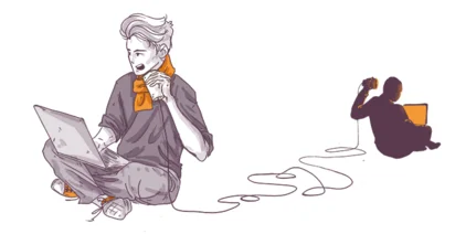 An illustration of two people engaged in remote work, one sitting with a laptop and another lying on their stomach with a laptop, connected by cords.